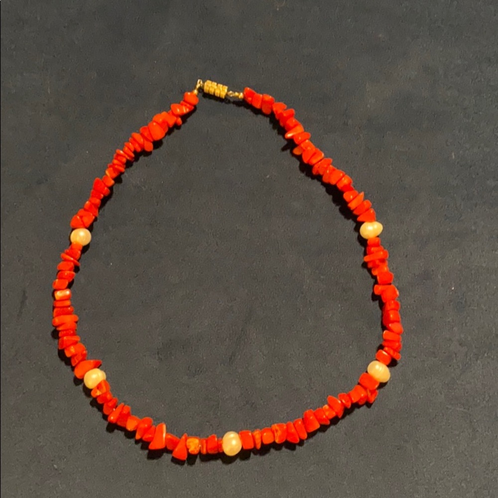 Coral and pearl like stone necklace